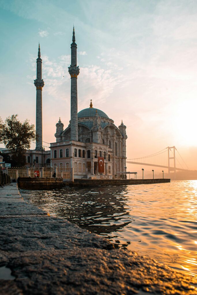 pexels photo 7529416 7529416 Ortaköy Mosque by the Bosphorus at sunset, capturing the harmony of architecture and landscape in Istanbul.
